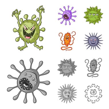 Mikrop ve virüs farklı türleri. Virüs ve bakteriler çizgi film, tek renkli stil vektör simge stok çizim web simgeler ayarla.