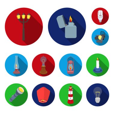 Işık kaynağı set koleksiyonu tasarım için düz simgeler. Işık ve ekipman sembol stok web illüstrasyon vektör.