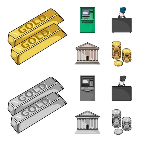 金条, Atm, 银行大楼, 一箱钱。货币和金融集合图标在卡通, 单色风格矢量符号股票插画网站. — 图库矢量图片