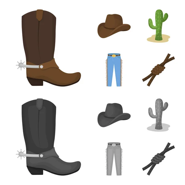 Kalap, kaktusz, farmer, csomót a lasszót. Rodeo készlet ikonok gyűjtemény-rajzfilm, fekete-fehér stílus vektor szimbólum stock illusztráció web. — Stock Vector