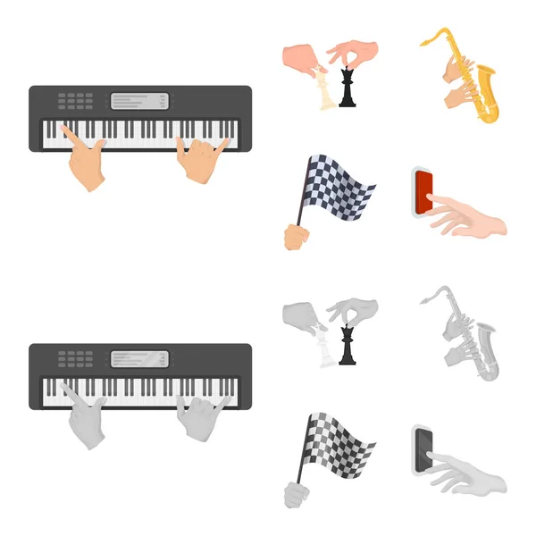 Playing on an electric musical instrument, manipulation with chess pieces and other web icon in cartoon,monochrome style. playing on a gold saxophone, checkered flag of auto racing in hand icons in — Stock Vector