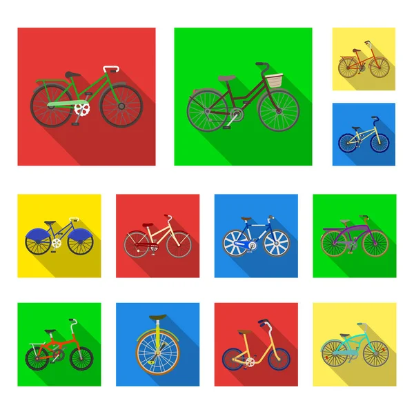 Různé jízdní kola ploché ikony v nastavení kolekce pro design. Druh dopravy vektor symbol akcií web ilustrace. — Stockový vektor