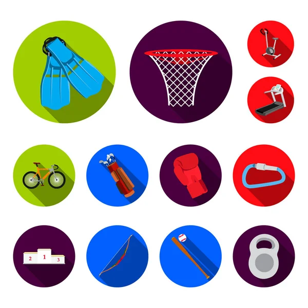 Different kinds of sports flat icons in set collection for design. Sport equipment vector symbol stock web illustration. — Stock Vector