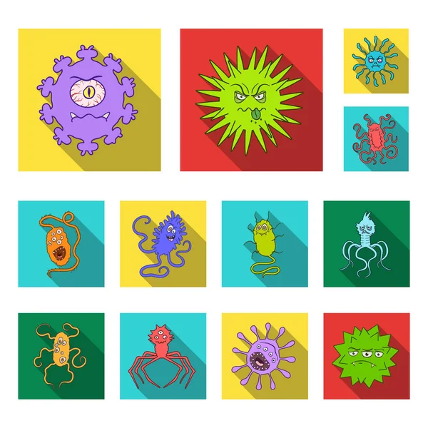 Jenis ikon datar mikroba lucu dalam koleksi set untuk desain. Mikroba patogen vektor simbol saham web ilustrasi . - Stok Vektor