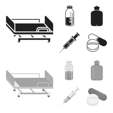 Çözüm, daha sıcak, şırınga, hap. İlaç toplama simgeler siyah, tek renkli stil vektör simge stok çizim web içinde ayarla..