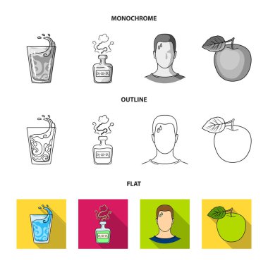 Bir bardak su, bir şişe alkol, terleme bir adam, bir elma. Diabeth toplama simgeler koymak düz, anahat, tek renkli stil vektör simge stok çizim web.