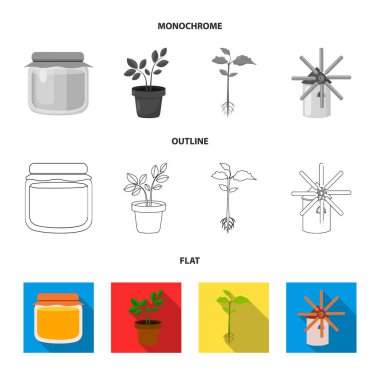 Tatlım banka, fabrika, değirmen. Çiftlik toplama simgeler koymak düz, anahat, tek renkli stil vektör simge stok çizim web.