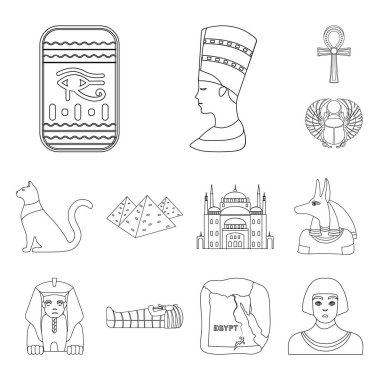 Set koleksiyonu tasarım için antik Mısır anahat simgeleri. Firavun saltanatı sembol stok web illüstrasyon vektör.