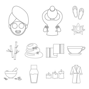 Set koleksiyonu tasarım için Spa salonu ve ekipmanları anahat simgeleri. Rahatlama ve dinlenme sembol stok web illüstrasyon vektör.