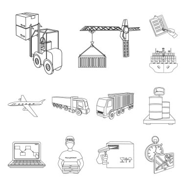 Set koleksiyonu tasarım için lojistik ve teslimat anahat simgeleri. Taşıtlar ve donatımı izometrik vektör simge stok web çizim.