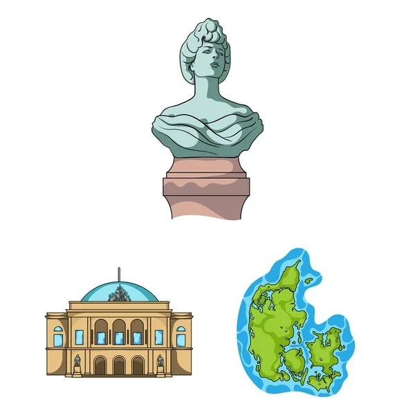 Viaggiare in Danimarca icone dei cartoni animati in collezione set per il design. Danimarca e attrazioni simbolo vettoriale stock web illustrazione . — Vettoriale Stock