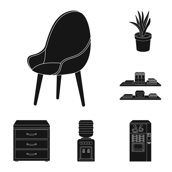 Interior del lugar de trabajo iconos negros en la colección de conjuntos para el diseño. Muebles de oficina vector símbolo stock web ilustración . — Archivo Imágenes Vectoriales