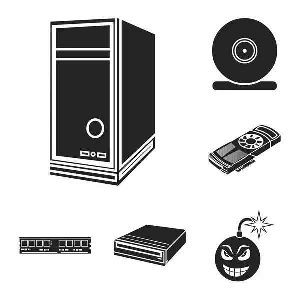 Set koleksiyonu tasarım için kişisel bilgisayar siyah simgeler. Ekipman ve aksesuarları sembol stok web illüstrasyon vektör. — Stok Vektör
