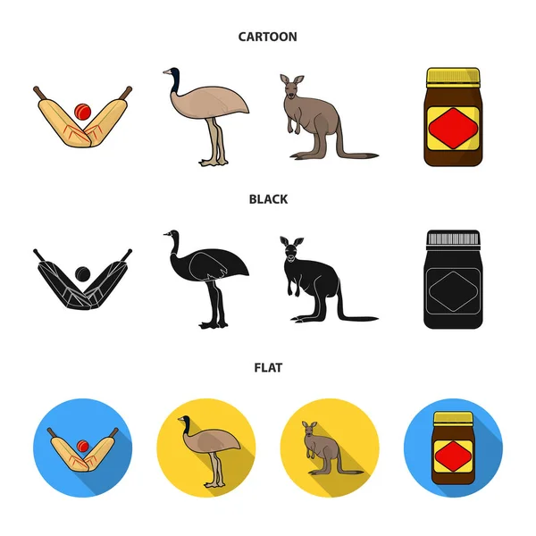 Ένα παιχνίδι του κρίκετ, ένα καγκουρό, στρουθοκαμήλου ΟΝΕ, ένα δημοφιλές φαγητό. Αυστραλία συλλογή εικόνες που σε καρτουν, μαυρες, επίπεδη στυλ διάνυσμα σύμβολο μετοχής εικονογράφηση web. — Διανυσματικό Αρχείο