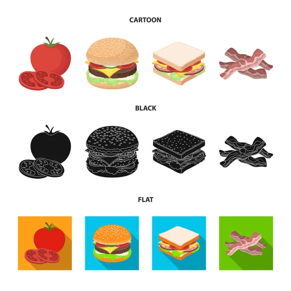 Burger i składniki kreskówka, czarny, ikony płaski w kolekcja zestaw do projektowania. Burger, gotowanie ilustracja wektorowa symbol zasobów sieci web. — Wektor stockowy