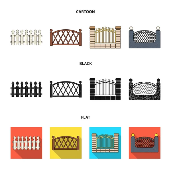 Una recinzione di metallo e mattoni, palizzata di legno. Un diverso set di recinzioni icone di raccolta in cartone animato, nero, stile piatto vettore simbolo stock illustrazione web . — Vettoriale Stock