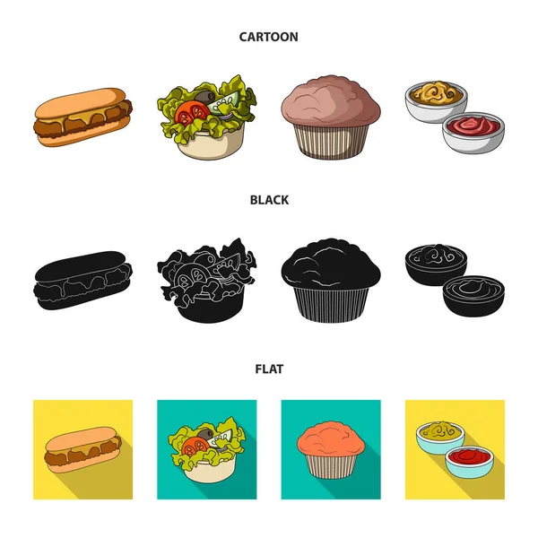 Essen, Erholung, Erfrischungen und andere Web-Symbole in Cartoon, schwarz, flach style.cake, Keks, Sahne, Symbole in Set Collection. — Stockvektor