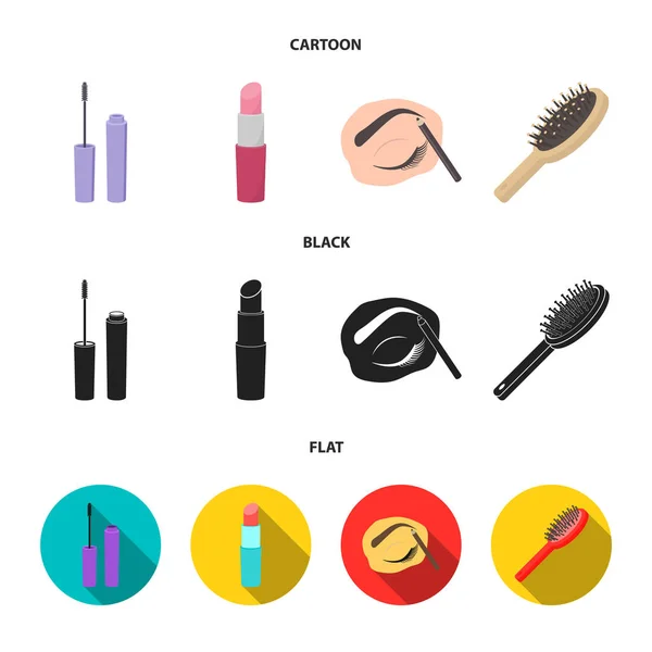 Mascara, spazzola per capelli, rossetto, matita sopracciglio, Trucco set icone di raccolta in cartone animato, nero, stile piatto vettore simbolo stock illustrazione web . — Vettoriale Stock