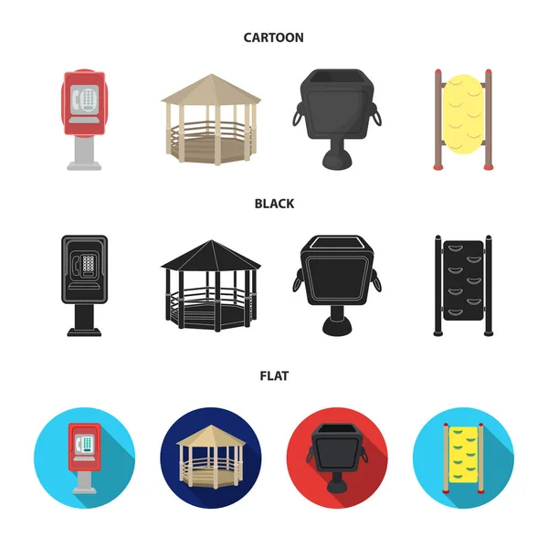 Teléfono automático, gazebo, cubo de basura, pared para niños. Parque conjunto colección iconos en dibujos animados, negro, plano estilo vector símbolo stock ilustración web . — Vector de stock
