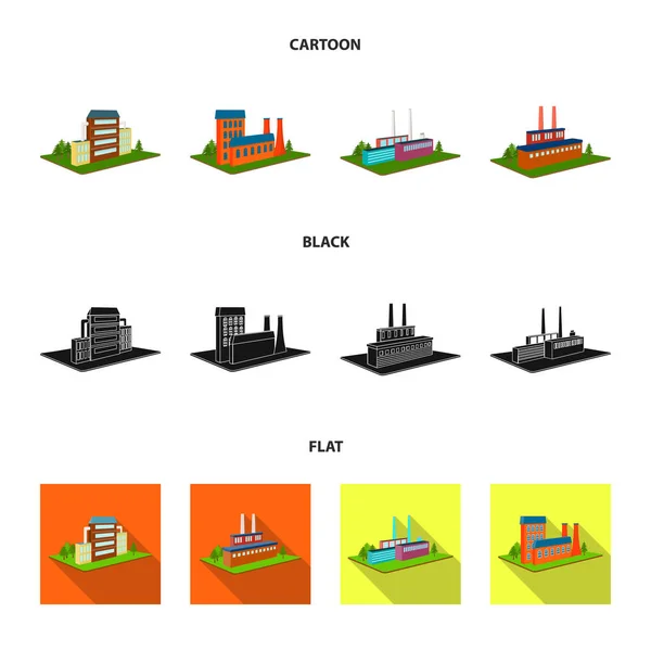 Fábrica de processamento, planta metalúrgica. Fábrica e indústria conjunto coleção ícones em desenhos animados, preto, estilo plano isométrico vetor símbolo estoque ilustração web . — Vetor de Stock