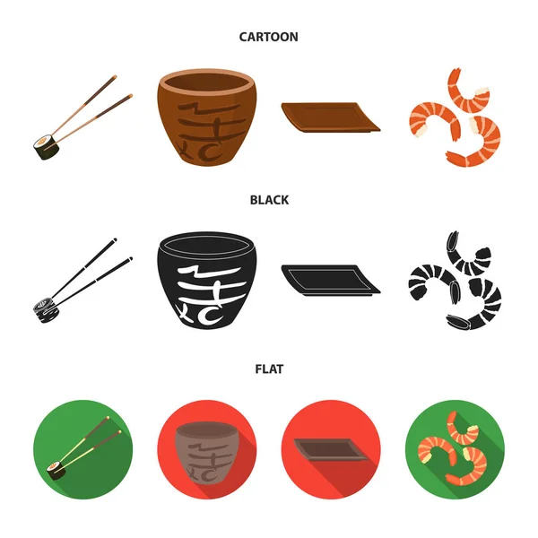 Laski, krewetki, podłoża, miska. Sushi zestaw kolekcji ikon w www ilustracji symbol wektor rysunek, czarny, płaski. — Wektor stockowy