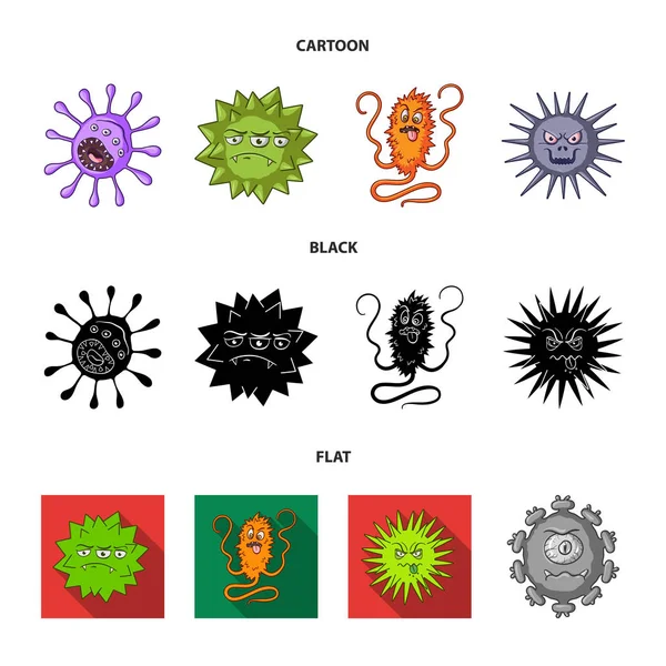 Diferentes tipos de micróbios e vírus. Vírus e bactérias conjunto coleção ícones em desenhos animados, preto, estilo plano símbolo vetorial estoque ilustração web . — Vetor de Stock