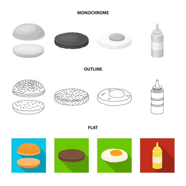 Hamburguesa e ingredientes planos, contorno, iconos monocromáticos en la colección de conjuntos para el diseño. Burger cocina vector símbolo stock web ilustración . — Vector de stock