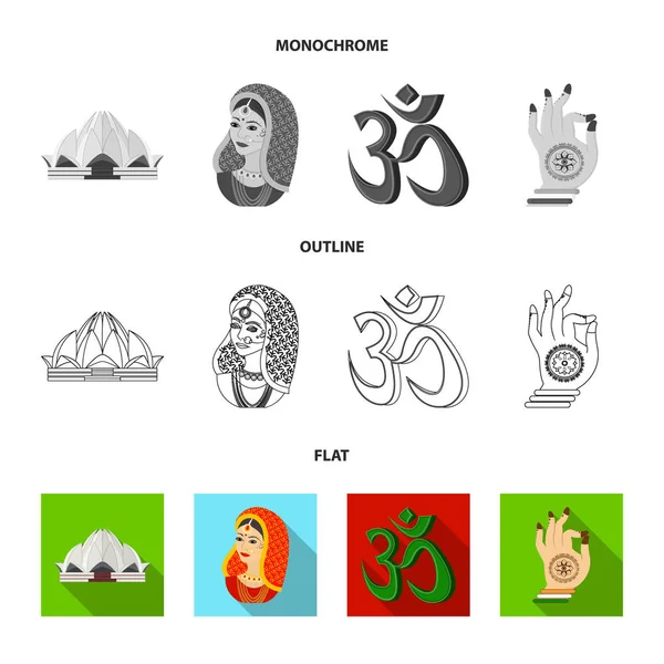 País Índia plana, contorno, ícones monocromáticos na coleção de conjuntos para design.Índia e símbolo de vetor marco ilustração web estoque . —  Vetores de Stock