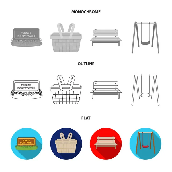 Gramado com um sinal, um cesto com comida, um banco, um baloiço. Parque conjunto coleção ícones em plano, contorno, estilo monocromático vetor símbolo estoque ilustração web . —  Vetores de Stock