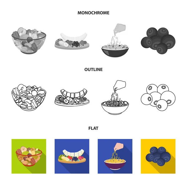 Surtido de frutos secos, frutas y otros alimentos. Conjunto de alimentos iconos de colección en plano, contorno, estilo monocromo vector símbolo stock ilustración web . — Vector de stock