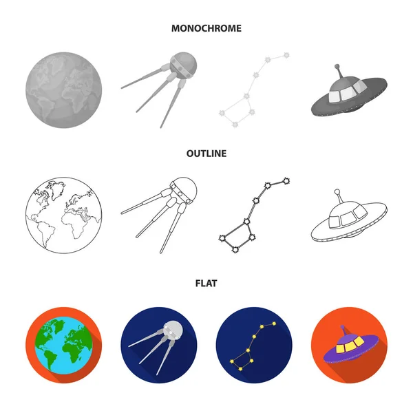 Planet Erde mit Kontinenten und Ozeanen, fliegender Satellit, ursa major, Ufo. Space Set Sammlungssymbole in flachem, konturiertem, monochromen Stil Vektor Symbol Stock Illustration Web. — Stockvektor