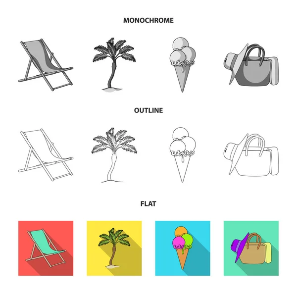 Playa, palmera, helado. Iconos de colección conjunto de vacaciones de verano en plano, contorno, estilo monocromo símbolo vectorial stock illustration web . — Archivo Imágenes Vectoriales