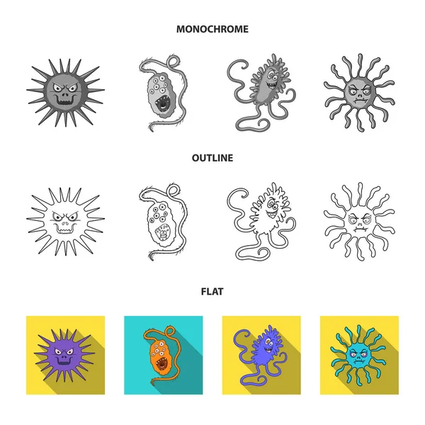 Diferentes tipos de microbios y virus. Los virus y bacterias establecen iconos de colección en plano, contorno, estilo monocromo vector símbolo stock ilustración web . — Vector de stock