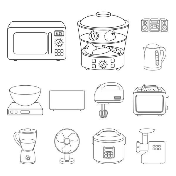 家用电器的类型在设计集集合中的轮廓图标。厨房设备矢量符号库存 web 插图. — 图库矢量图片