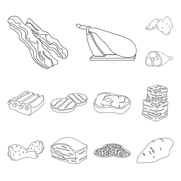 Ícones de contorno de carne diferentes na coleção de conjuntos para design. Carne produto vetor símbolo web ilustração . —  Vetores de Stock