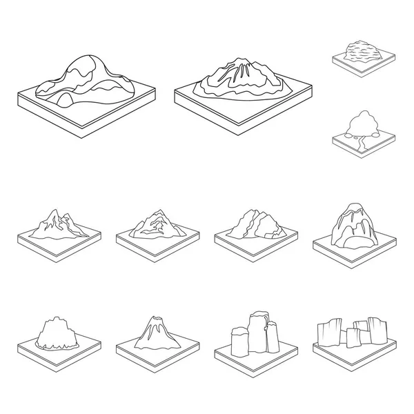 Montanhas, ícones de contorno maciços na coleção de conjuntos para design. A superfície da terra vetor isométrico símbolo estoque web ilustração . —  Vetores de Stock