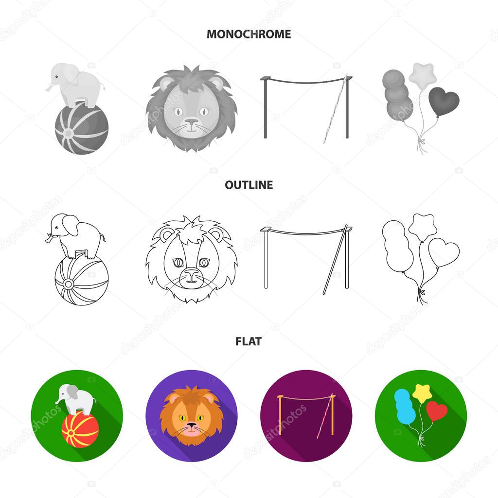 Elephant on the ball, circus lion, crossbeam, balls.Circus set collection icons in flat,outline,monochrome style vector symbol stock illustration web.