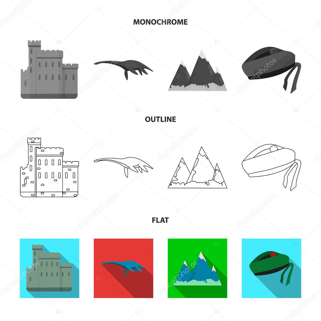 Edinburgh Castle, Loch Ness Monster, Grampian Mountains, national cap balmoral, tam shanter.Scotland set collection icons in flat,outline,monochrome style vector symbol stock illustration .