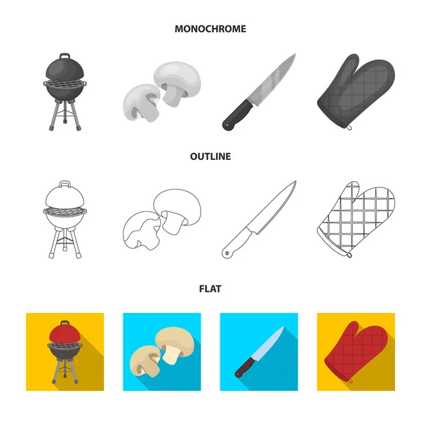 Barbacoa parrilla, champiñones, cuchillo, mitten.BBQ conjunto de iconos de la colección en plano, contorno, el estilo monocromo vector símbolo stock illustration, web — Archivo Imágenes Vectoriales