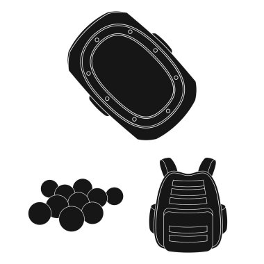Paintball takım set koleksiyonu tasarım için oyun siyah simgeler. Ekipman ve kıyafet sembol stok web illüstrasyon vektör.