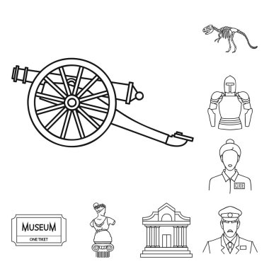 Set koleksiyonu tasarım için müze ve Galeri anahat simgeleri. Depolama ve serginin görülmeye değer parça sembol stok web illüstrasyon vektör.