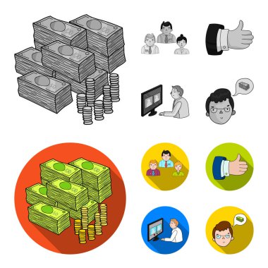 Video konferans, iş düşünceler, okay.Bizneskonferentsiya ve müzakerelerin bir rozet toplama simgeler tek renkli, düz stil vektör simge stok çizim web ayarla.