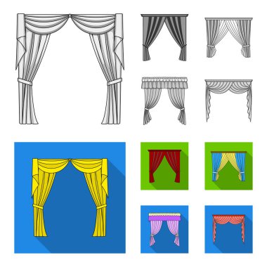 Pencere perdeleri farklı türleri. Perdeler tek renkli, düz stil vektör simge stok çizim web simgeler ayarla.