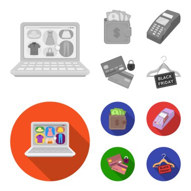 Çanta, para, touch, askı ve diğer ekipmanlar. E ticaret toplama simgeler tek renkli, düz stil vektör simge stok çizim web ayarla..