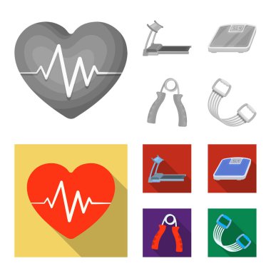 Koşu bandı, ölçekler, expander ve ekipman eğitim için diğer. Spor ve egzersiz tek renkli, düz stil vektör simge stok çizim web simgeler ayarla.