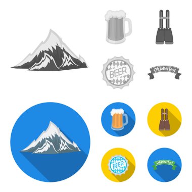 Şort pantolon askısı, bir bardak bira, bir işaret, bir amblem. Oktoberfest toplama simgeler tek renkli, düz stil vektör simge stok çizim web ayarla..