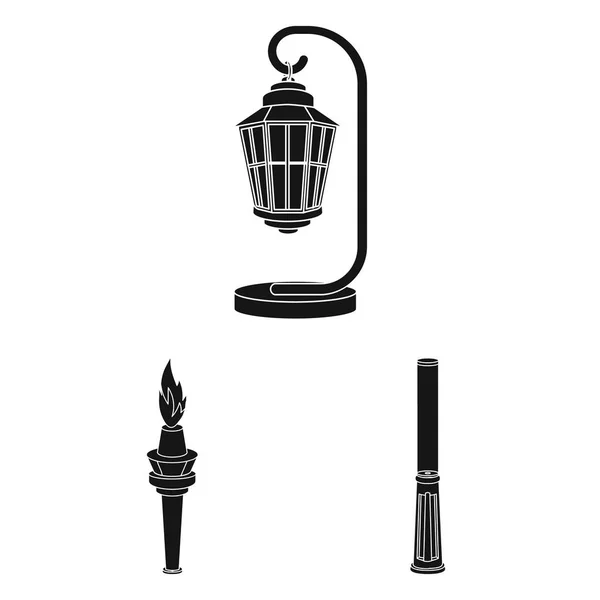 Iconos de poste de lámpara negro en la colección de conjuntos para el diseño. Linterna e iluminación vector símbolo stock web ilustración . — Vector de stock