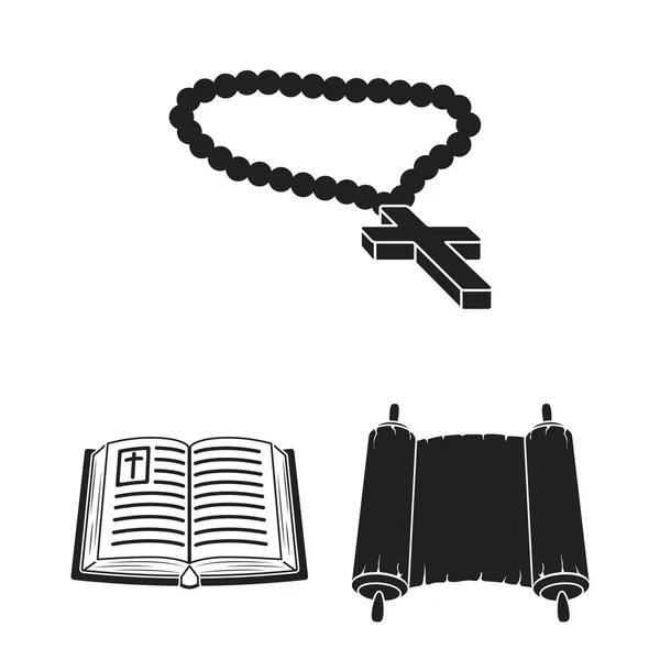 Религия и вера черные иконы в коллекции наборов для дизайна. Аксессуары, векторные молитвенные символы . — стоковый вектор