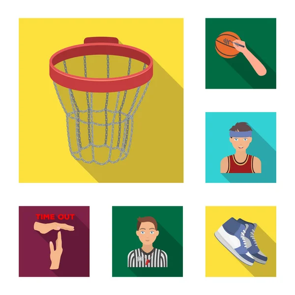 Basket och attribut platt ikoner i set samling för design. Basketspelare och utrustning vektor symbol lager web illustration. — Stock vektor