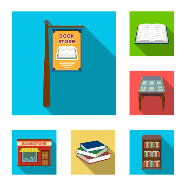 Bibliothek und Buchhandlung flache Icons in Set-Kollektion für Design. Bücher und Einrichtungsgegenstände Vektor Symbol Stock Web Illustration. — Stockvektor